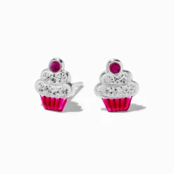 Clous d'oreilles cupcake roses strass couleur argentée