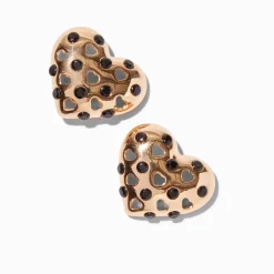 Clous d'oreilles cœur en strass noir couleur dorée