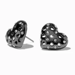 Clous d'oreilles cœur strass bombés noirs