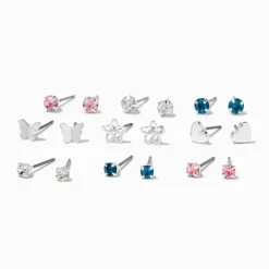 Clous d'oreilles cœurs floraux couleur argentée - Lot de 9