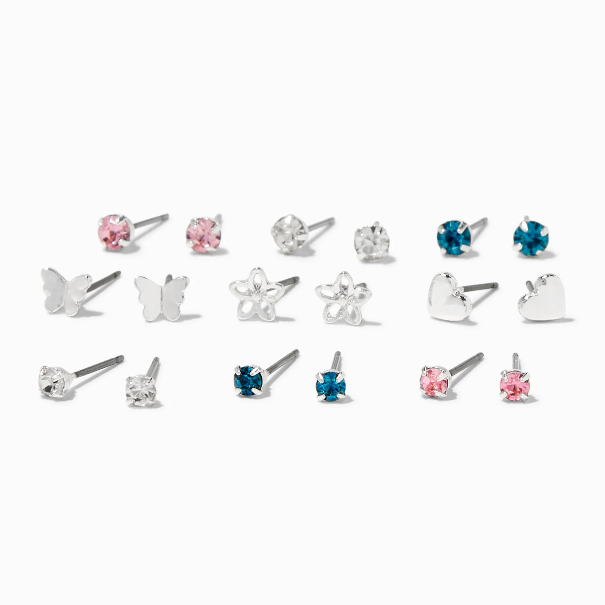 Clous d'oreilles cœurs floraux couleur argentée - Lot de 9