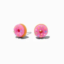 Clous d'oreilles donuts roses avec faux vermicelles de sucre tige couleur argentée C LUXE by Claire's
