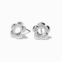 Clous d'oreilles fleurs bombés couleur argentée