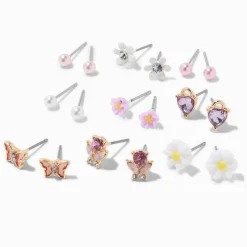 Clous d'oreilles floraux avec perles d’imitation - Lot de 9
