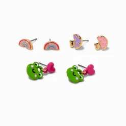 Clous d'oreilles grenouille, champignon et arc-en-ciel - Lot de 3