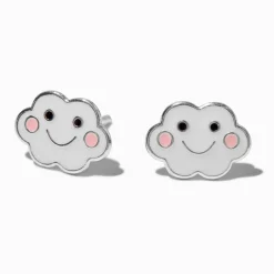 Clous d'oreilles nuages visages souriants couleur argentée