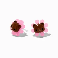 Clous d'oreilles ours fleur rose phosphorescents avec tige couleur argentée C LUXE by Claire's