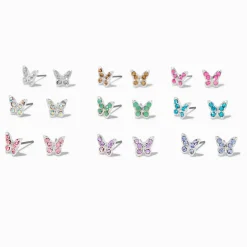 Clous d'oreilles papillon strass colorés - Lot de 9