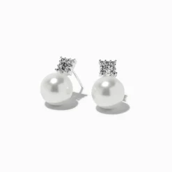 Clous d'oreilles perle d’imitation strass couleur argentée