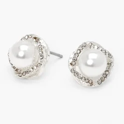 Clous d'oreilles perles d'imitation monture halo ornementés couleur argentée