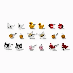 Clous d'oreilles petits animaux strass couleur argentée - Lot de 9