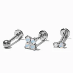 Clous d'oreilles pour piercing au cartilage strass et opale d'imitation 1,2 mm en titane couleur argentée - Lot de 3