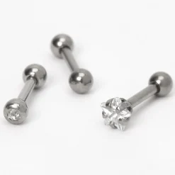 Clous d'oreilles pour piercing de cartilage étoile et strass 1,2 mm couleur titanée et couleur argentée - Lot de 3