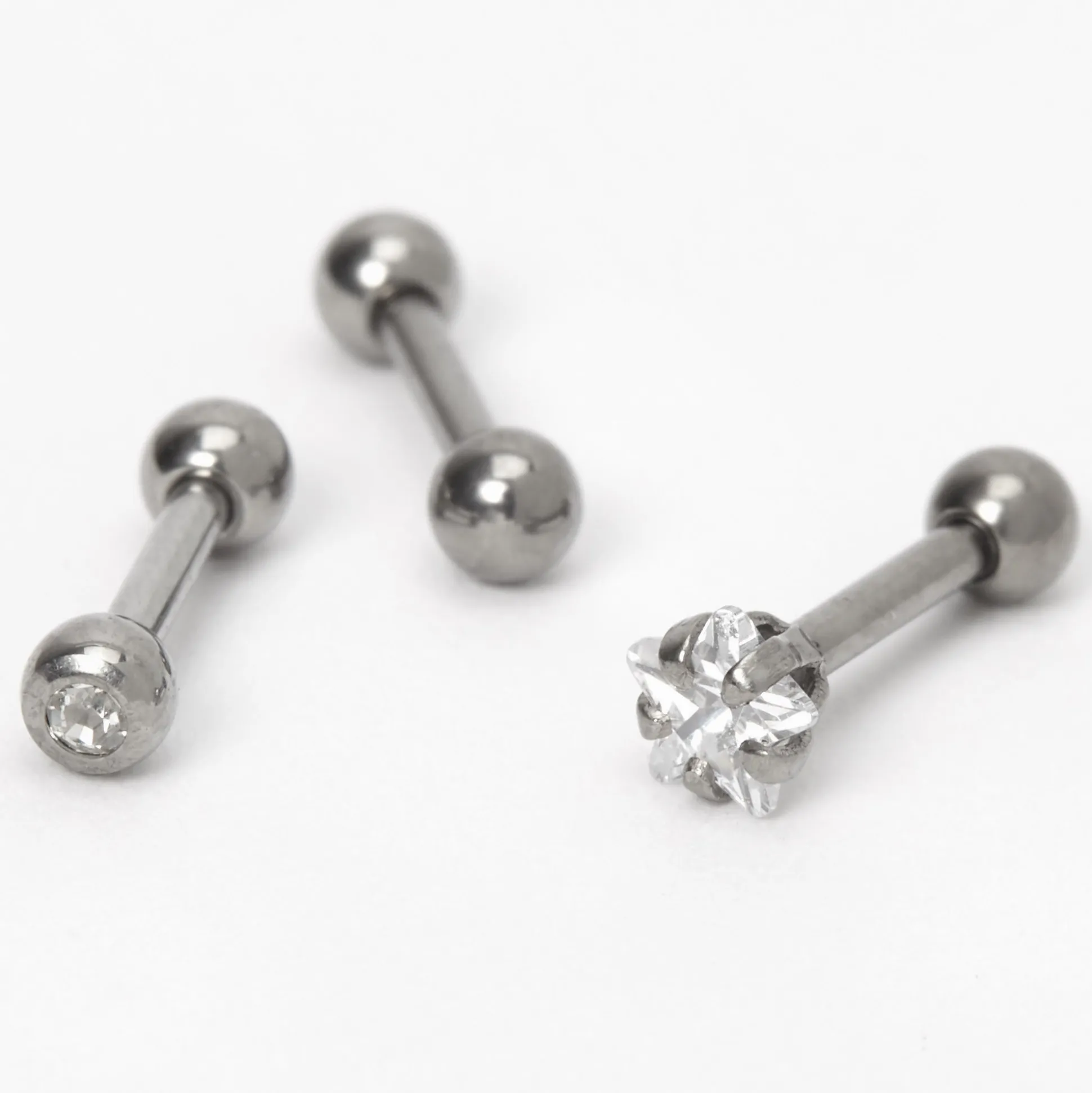 Clous d'oreilles pour piercing de cartilage étoile et strass 1,2 mm couleur titanée et couleur argentée - Lot de 3