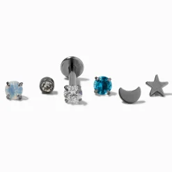 Clous d'oreilles pour piercing tragus à arrière plat interchangeable célestes 1,2 mm en titane couleur argentée - Lot de 6