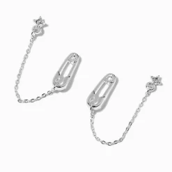 Clous d'oreilles reliés par une chaîne étoile rayonnante et épingle à nourrice couleur argentée