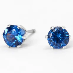 Clous d'oreilles ronds avec strass en zircon cubique d'imitation couleur argentée - Bleu, 5 mm