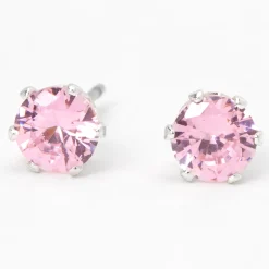 Clous d'oreilles ronds avec strass en zircon cubique d'imitation couleur argentée - Rose, 5 mm