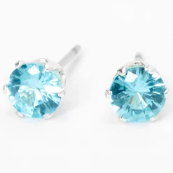 Clous d'oreilles ronds avec strass en zircon cubique d'imitation couleur argentée - Turquoise, 5 mm