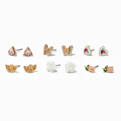 Clous d'oreilles rose à motifs variés - Lot de 6