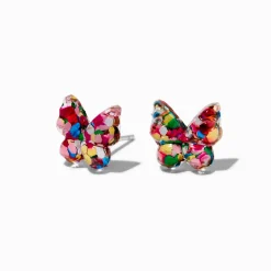 Clous d'oreilles tige couleur argentée papillon confetti
