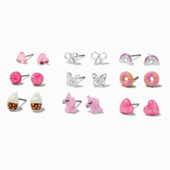 Clous d'oreilles variés licorne et donut roses - Lot de 9