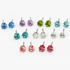 Clous d'oreilles variés strass arc-en-ciel pastel - Lot de 9