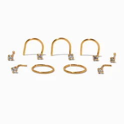 Clous et anneaux pour piercing de nez avec zircon cubique 0,6 mm en titane couleur dorée - Lot de 9