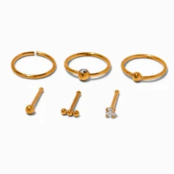 Clous et anneaux pour piercing de nez 0,8 mm avec zircon cubique en titane couleur dorée - Lot de 6