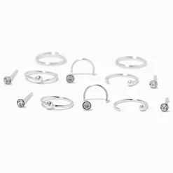 Clous et anneaux pour piercing de nez strass couleur argentée 0,6 mm - Lot de 12