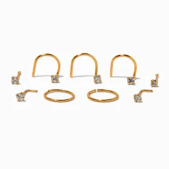 Clous et anneaux pour piercing de nez 0,6 mm avec zircon cubique couleur argentée et couleur dorée - Lot de 9
