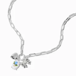Collier à breloque nœud fleur bleue couleur argentée