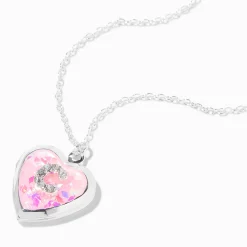 Collier à médaillon cœur pailleté à initiale décorée rose (C)