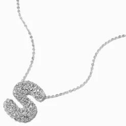 Collier à pendentif à bulles et initiale pavé couleur argentée - S