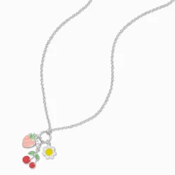 Collier à pendentif breloque fraise, fleur et cerise