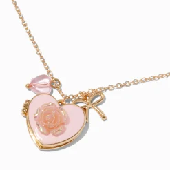 Collier à pendentif couleur dorée médaillon cœur rose rose