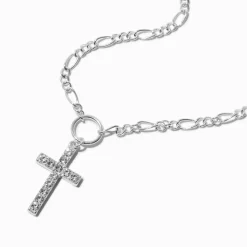 Collier à pendentif croix décorée couleur argentée