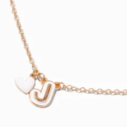 Collier à pendentif cœur à initiale bulle blanche - J