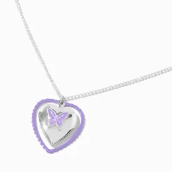 Collier à pendentif médaillon cœur déplaçable papillon violet