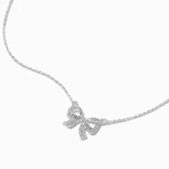 Collier à pendentif nœud strass couleur argentée