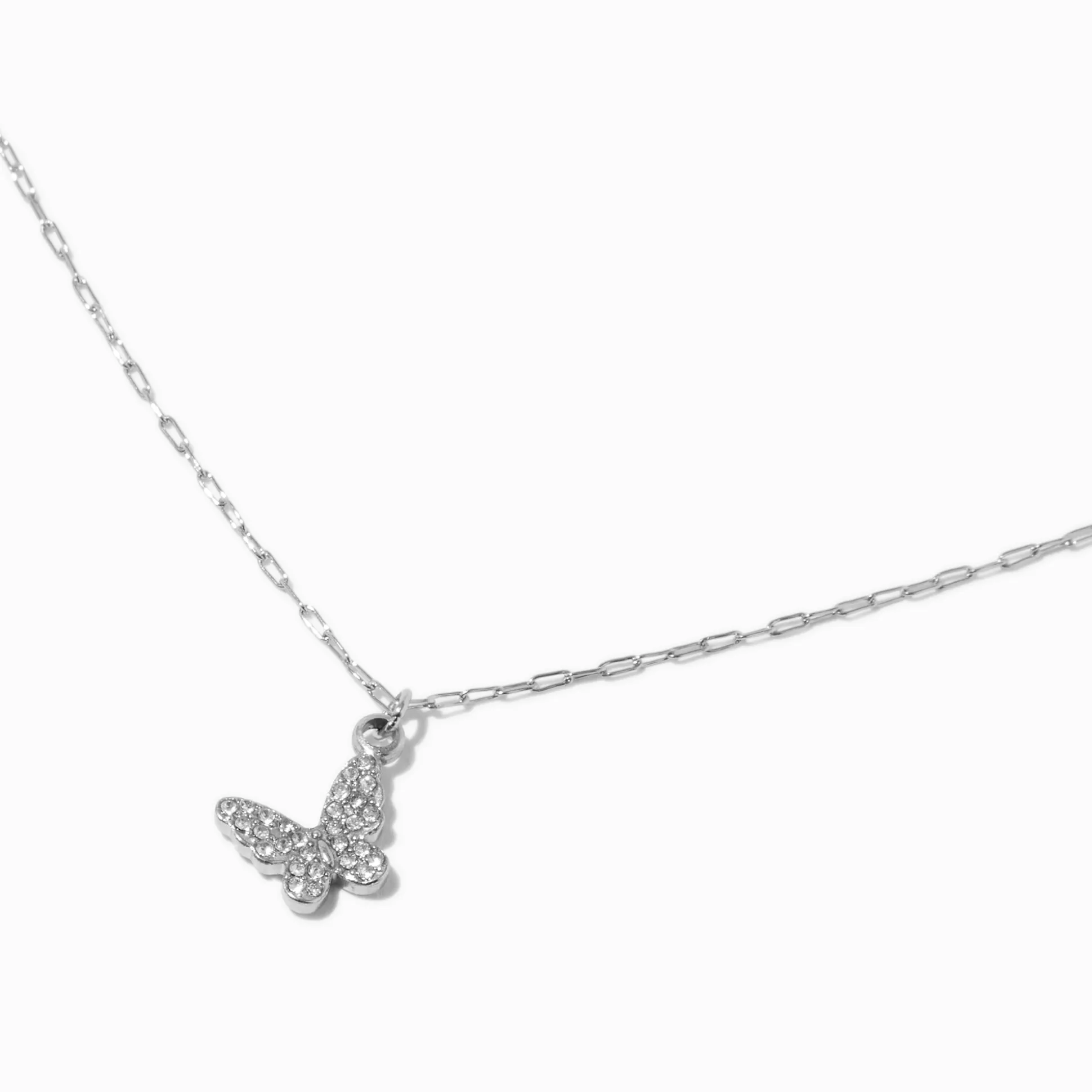 Collier à pendentif papillon pavé en acier inoxydable couleur argentée