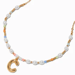 Collier à pendentif perlé pastel à initiale bulle couleur dorée - C