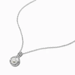 Collier à pendentif perle d'imitation et symbole de l'infini couleur argenté