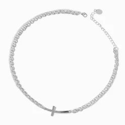 Collier croix câbles torsadés couleur argentée