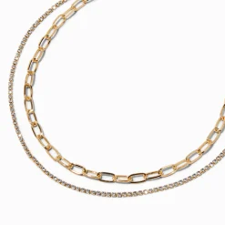 Collier multi-rangs avec strass et chaîne à maillons trombone couleur dorée