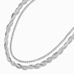 Collier multi-rangs chaîne de strass torsadée couleur argentée