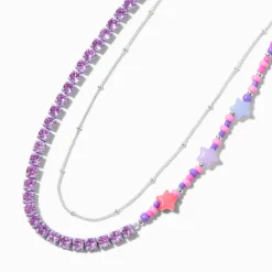Collier multi-rangs chaîne couleur argentée perlé étoile violet