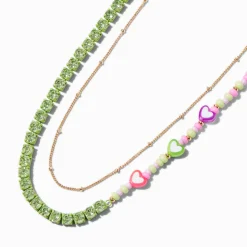 Collier multi-rangs chaîne couleur dorée perlé cœur vert