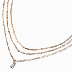 Collier multi-rangs couleur dorée à pendentif de strass en forme de baguette