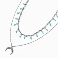 Collier multi-rangs lune turquoise couleur argentée